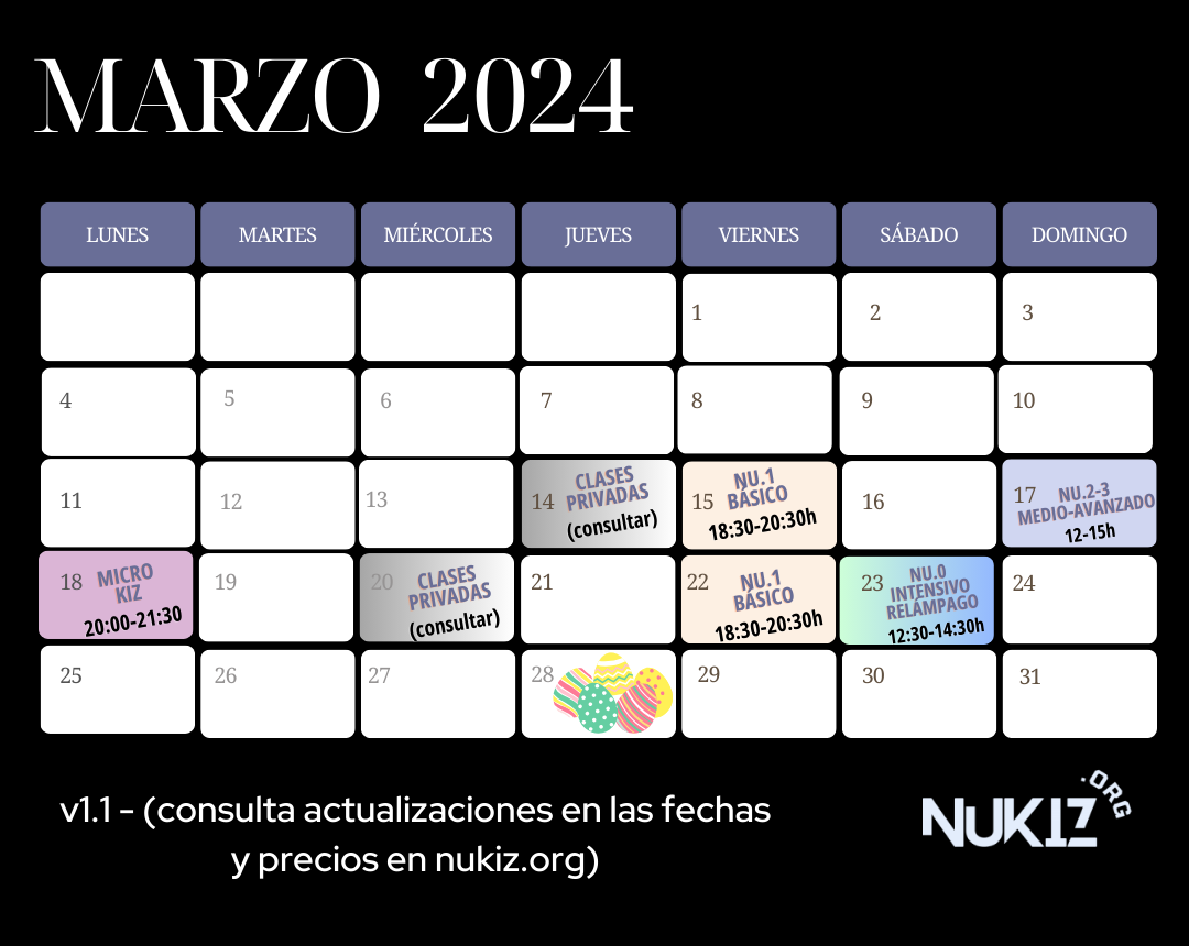 Calendario y precios Marzo 2024 NuKiz Madrid Kizomba Revolution